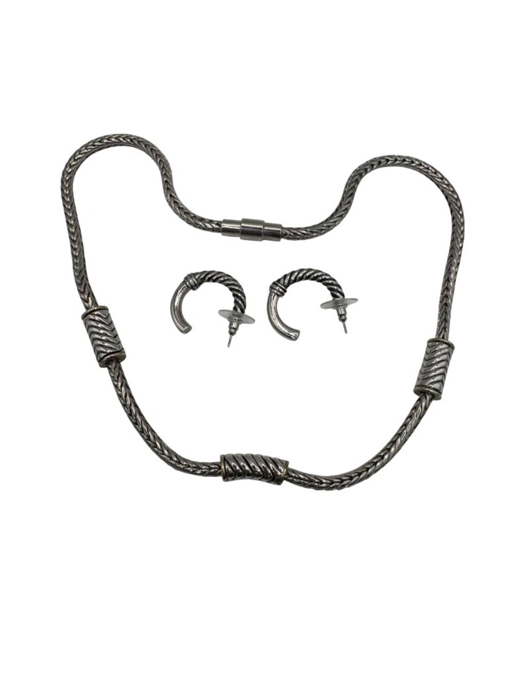 Brighton Silver-Tone Necklace Hoop Earrings Set Thick Twisted Original Heart Tin